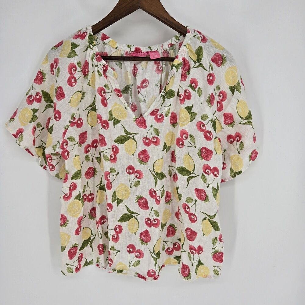 Izaak Mizrahi Linen Cherry Lemon Top 1X Peasant Boho Vacation